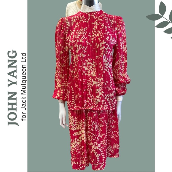 Vintage 80’s Skirt Top Set Red Gold Floral Print Cream Accent Blouse Size Size 8 - Picture 1 of 10